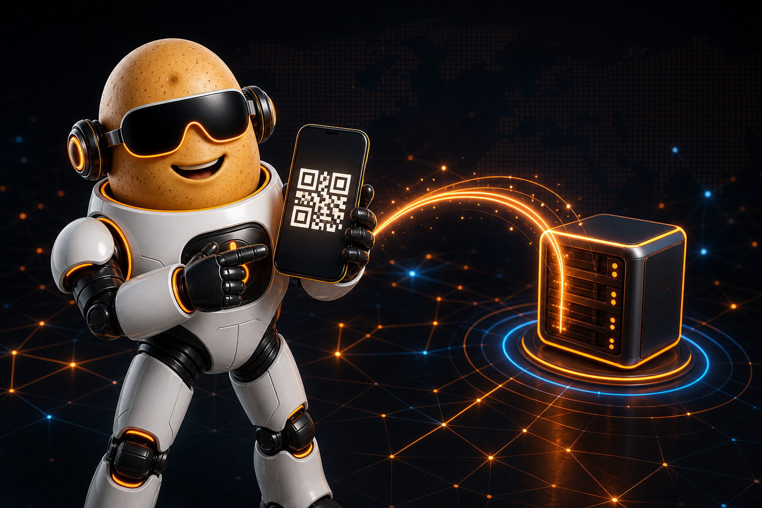 Tater mascot holding a phone with a QR code